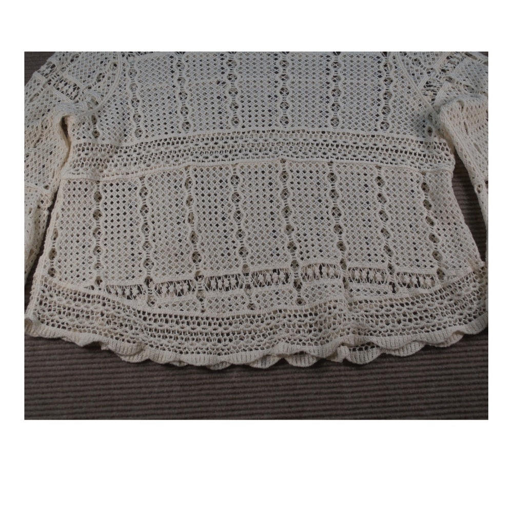 Boho Cream Cotton Crochet Open Knit Bell Sleeve Blouse Top M/L - Picture 4 of 9